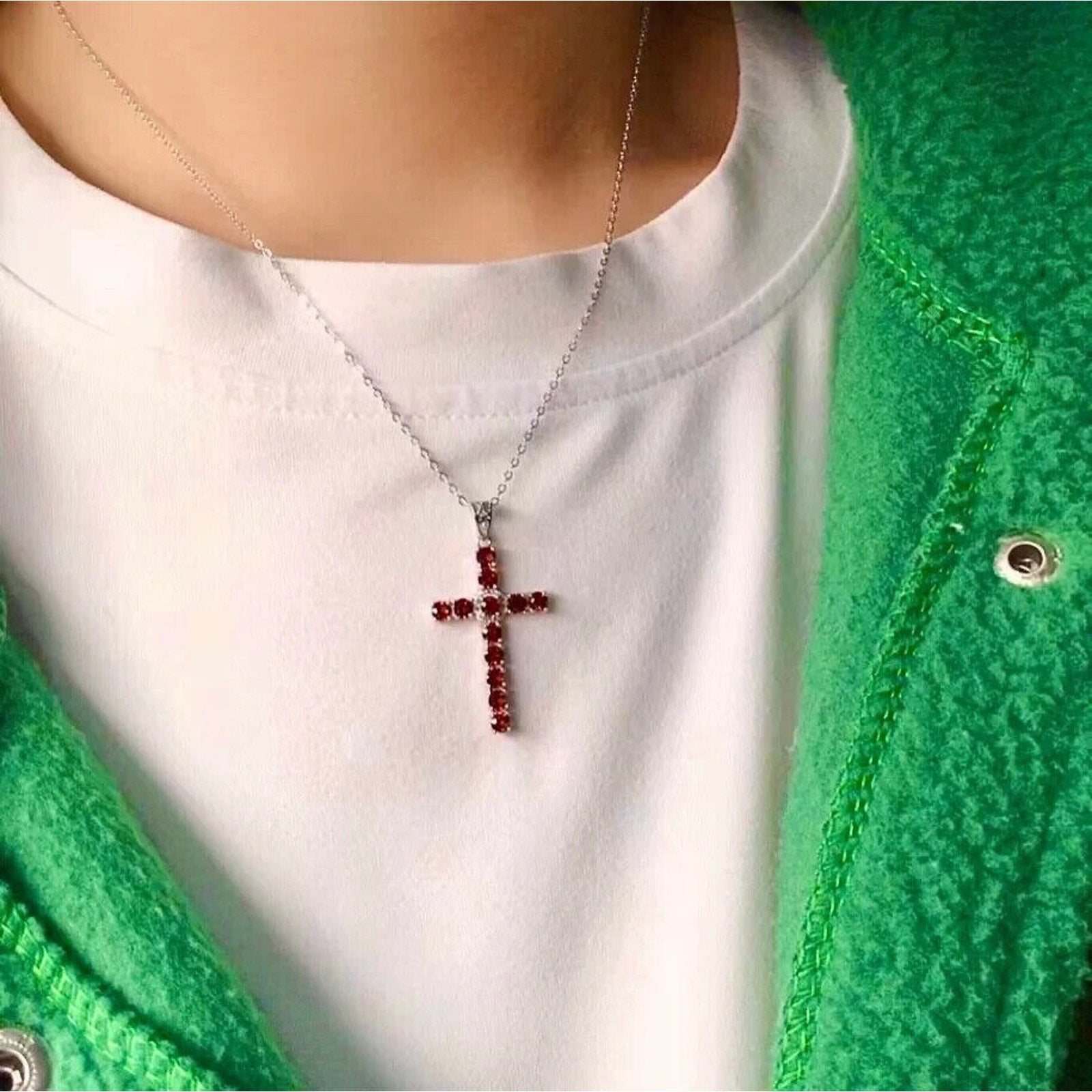 Natural Garnet Cross Necklace, Gemstone Cross Necklace 925 Sterling Silver