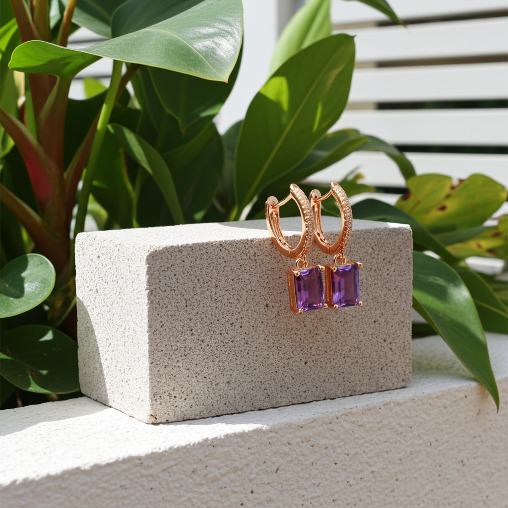 1CT Natural Emerald Cut Amethyst Gemstone Earrings