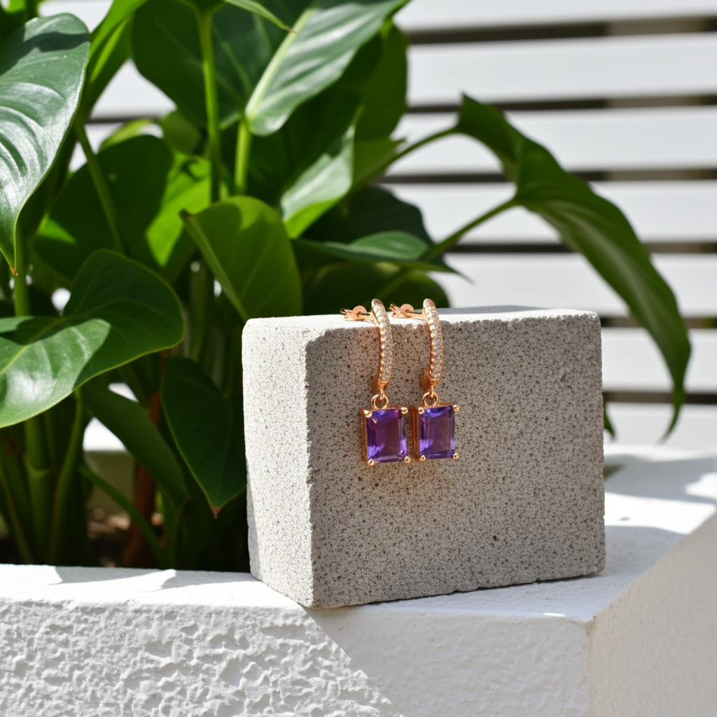 1CT Natural Emerald Cut Amethyst Gemstone Earrings
