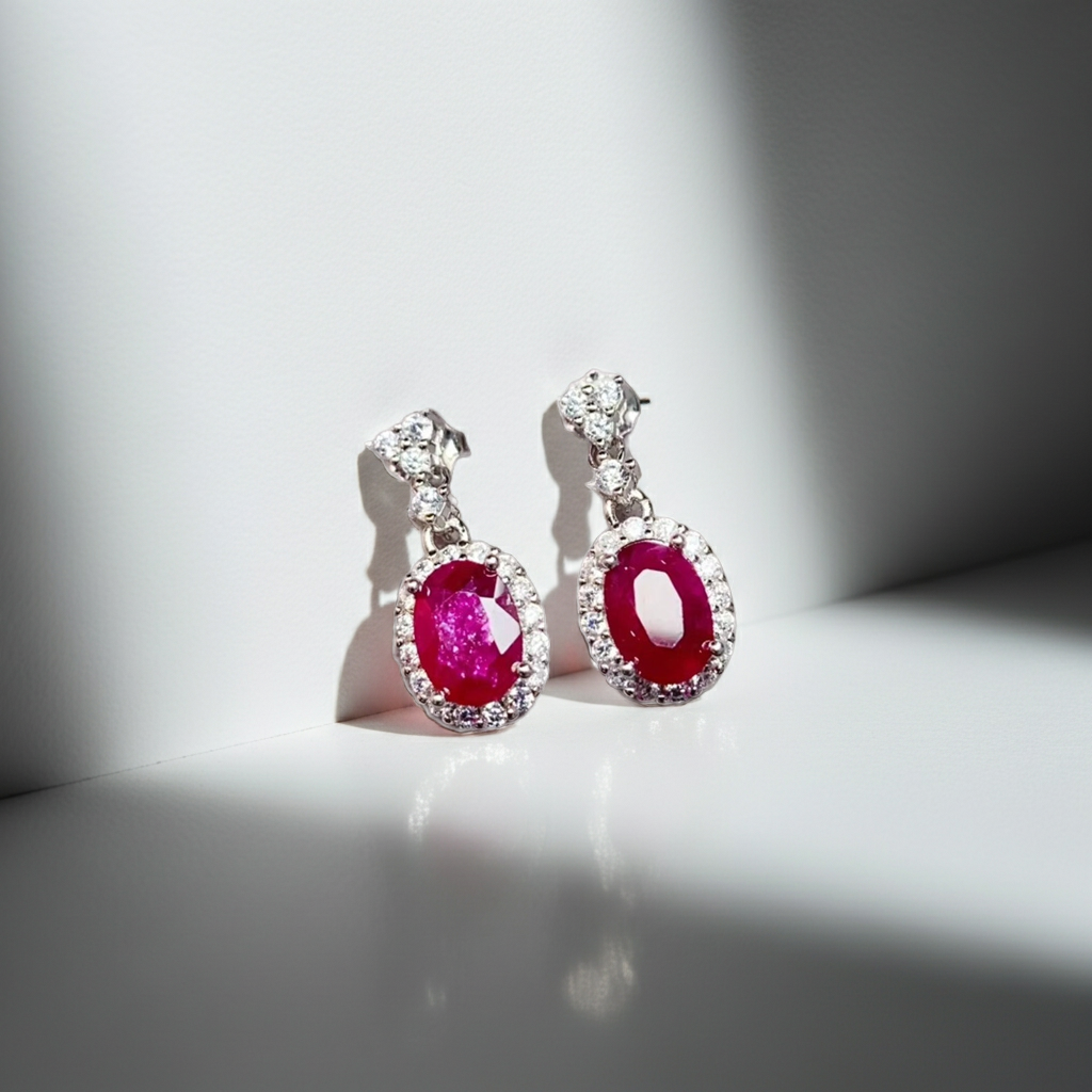 Delicate Ruby Dangle Earrings 925 Sterling Silver 5x7mm