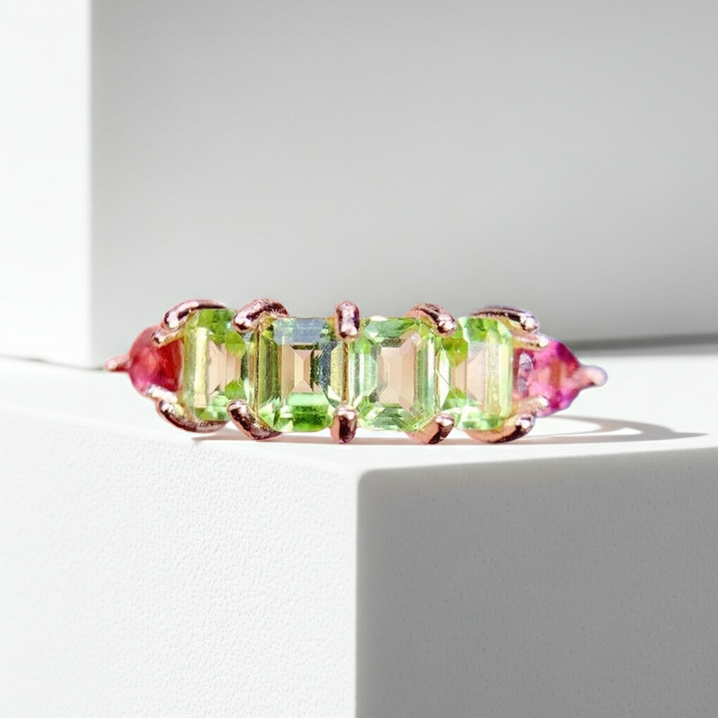Natural peridot and tourmaline emerald cut gemstone ring in 925 sterling silver with platinum yellow gold and rose gold plating options by PHIMSERA