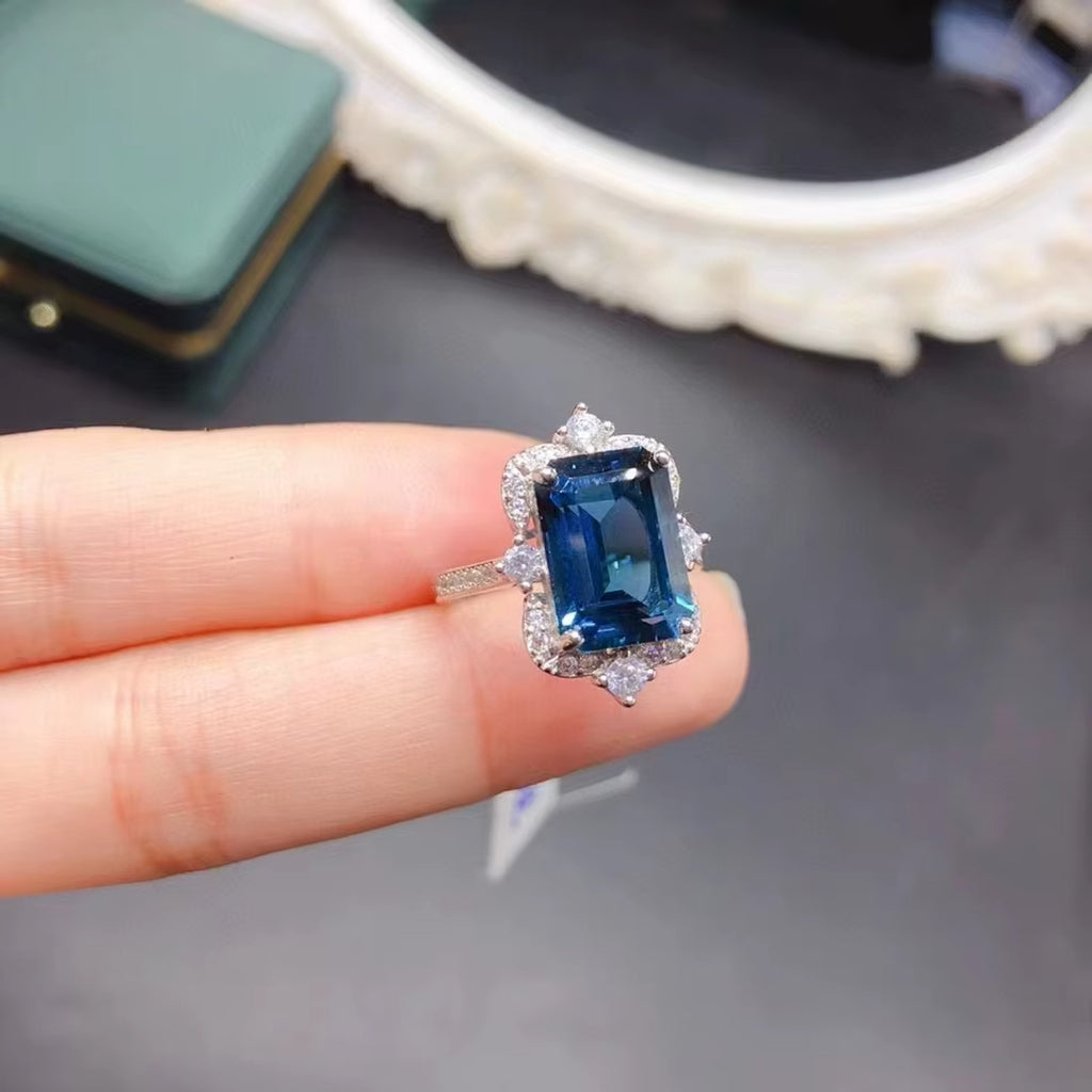 5CT Emerald Cut London Blue Topaz Ring 925 Sterling Silver VVS Grade 8x12mm