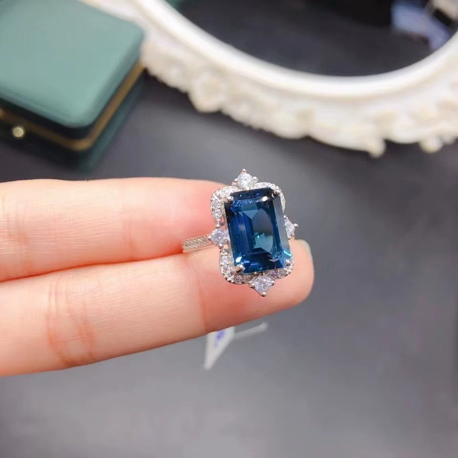 5CT Emerald Cut London Blue Topaz Ring 925 Sterling Silver VVS Grade 8x12mm