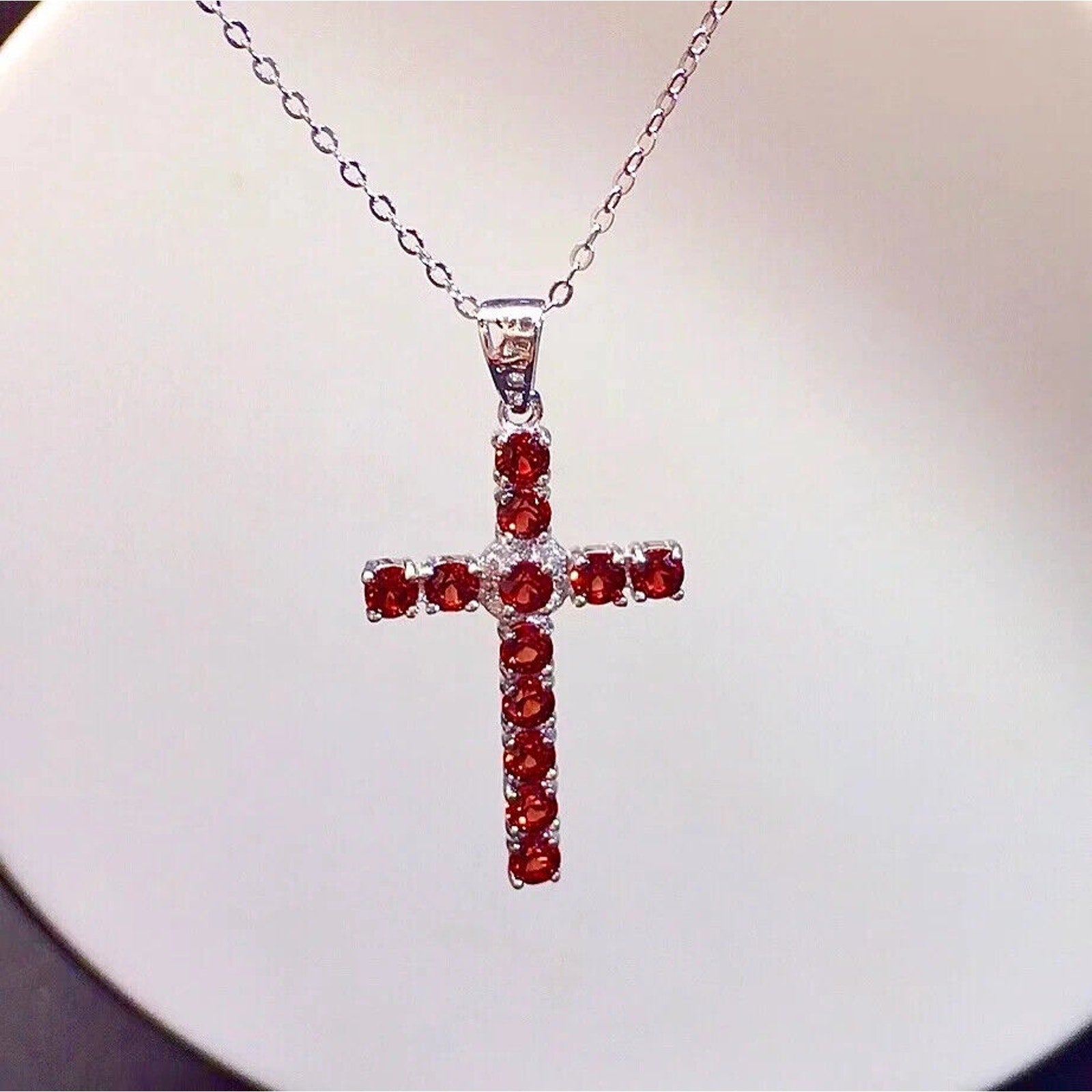 Natural Garnet Cross Necklace, Gemstone Cross Necklace 925 Sterling Silver