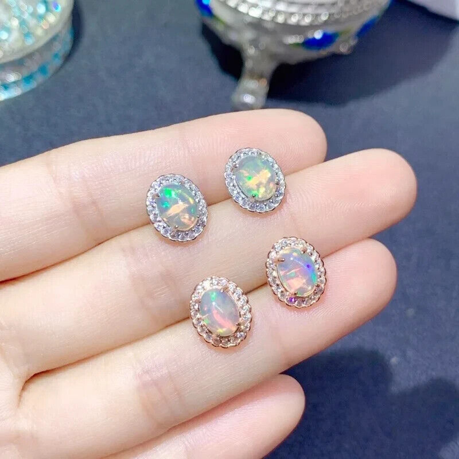 Colorful Fire Opal Stud Earrings, Australian Opal Stud Earrings Sterling 6x8mm