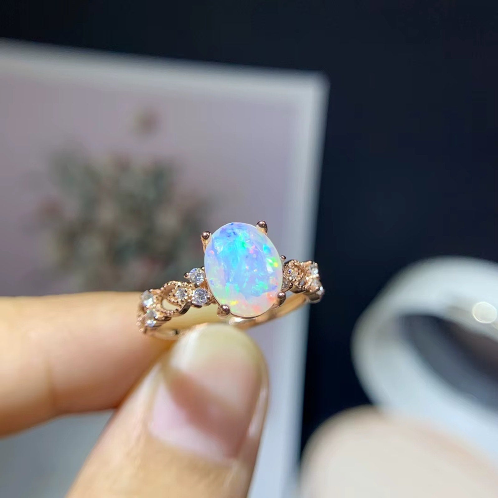 Rainbow Fire Opal Ring 925 Sterling Silver 7x9mm Ring Gifts Natural Fire Opal