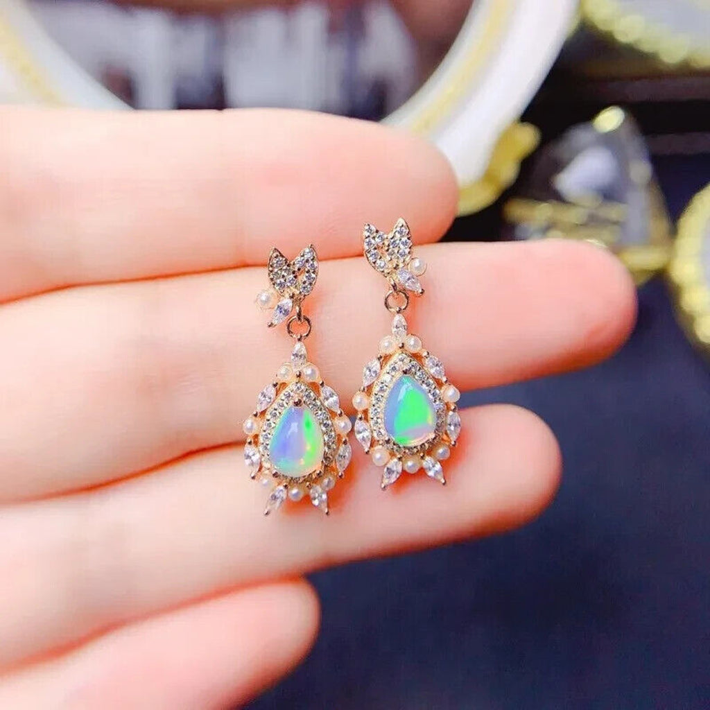 Vintage Opal Dangle Earrings, Natural Fire Opal Dangle Earrings Sterling Silver