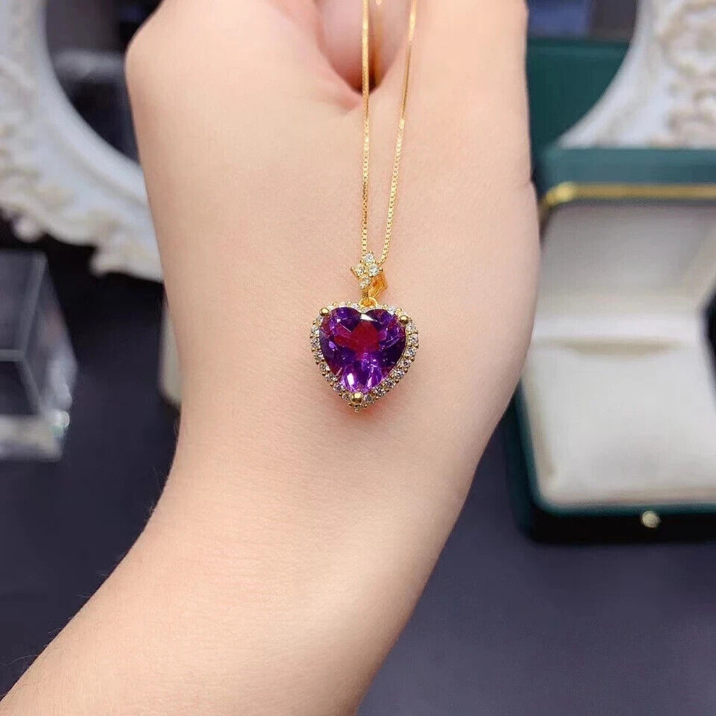 Natural Amethyst Heart Pendant Necklace, Amethyst Heart Necklace 8mm 925 Silver