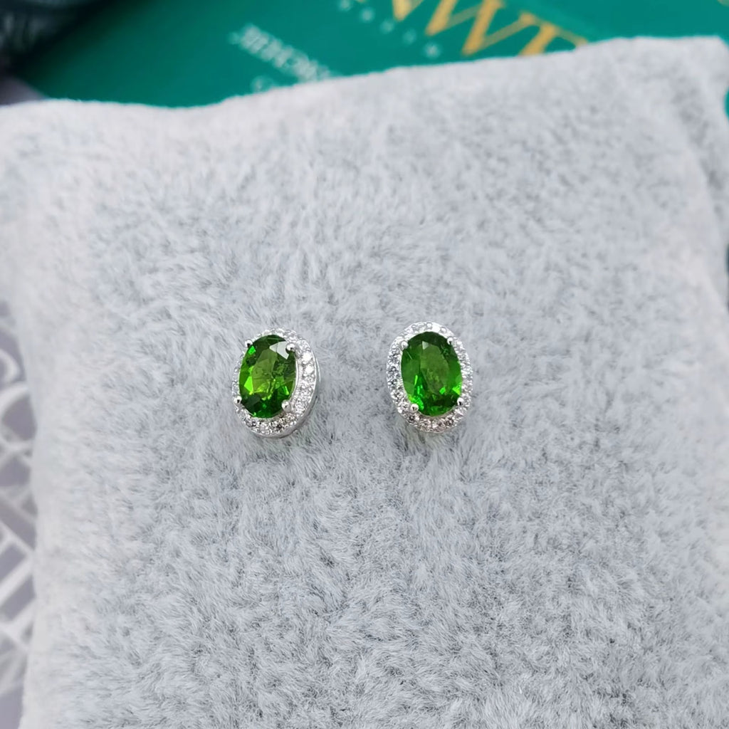 Unheated Chrome Diopside Earrings in 925 Sterling Silver, Diopside Stud Earrings