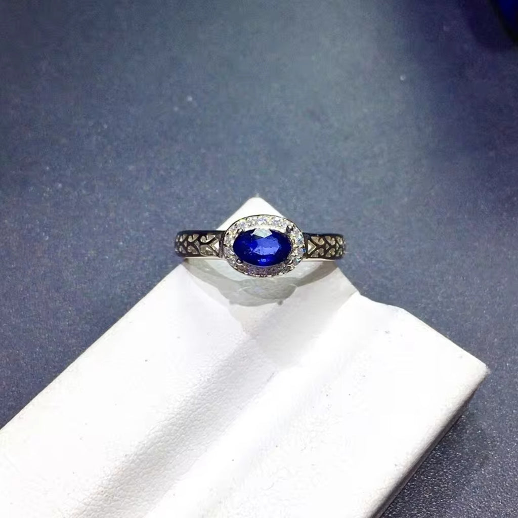 Mens Natural Sapphire Band Ring 4x6mm, Sterling Silver Mens Sapphire Ring