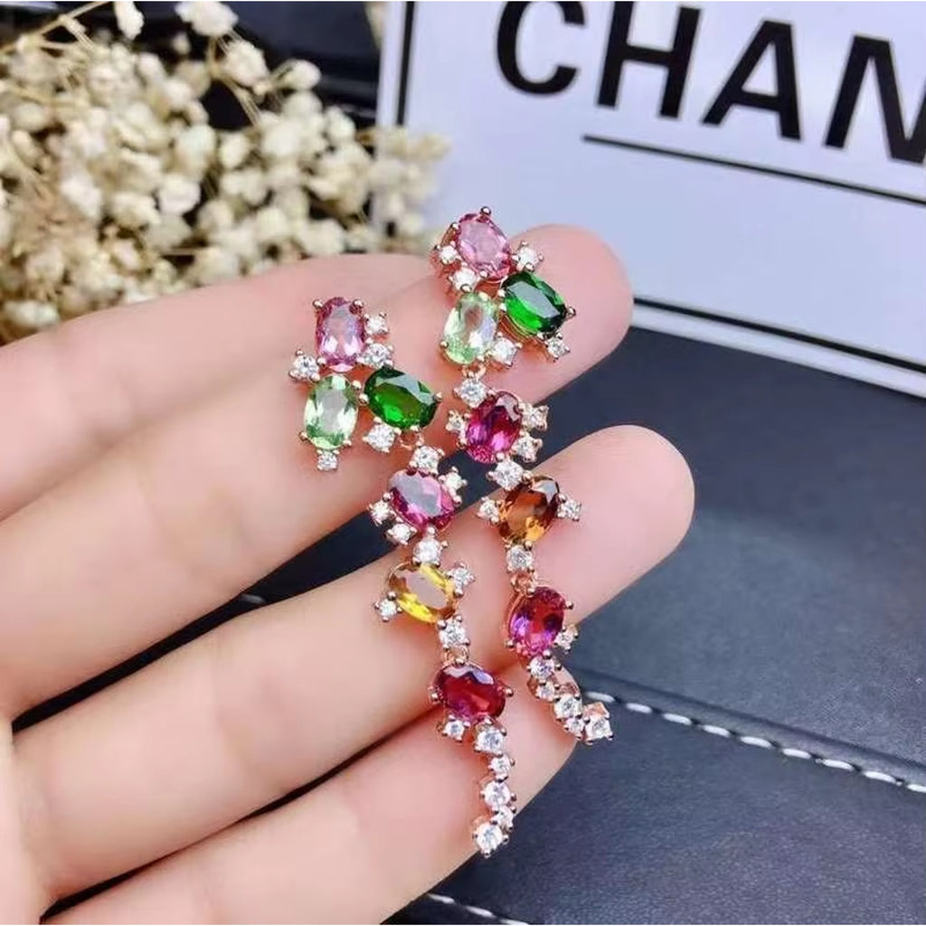 Natural Tourmaline Earrings, Multicolor Brazilian Tourmaline Gemstone Earrings