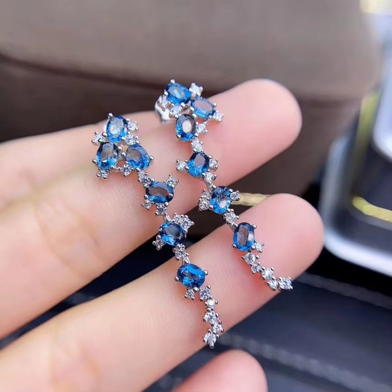 London Blue Topaz Cluster Earrings 925 Sterling Silver 3x4mm