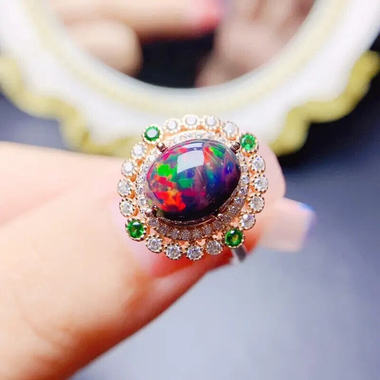 Colorful Black Fire Opal Statement Ring 8x10mm , Natural Fire Opal Ring