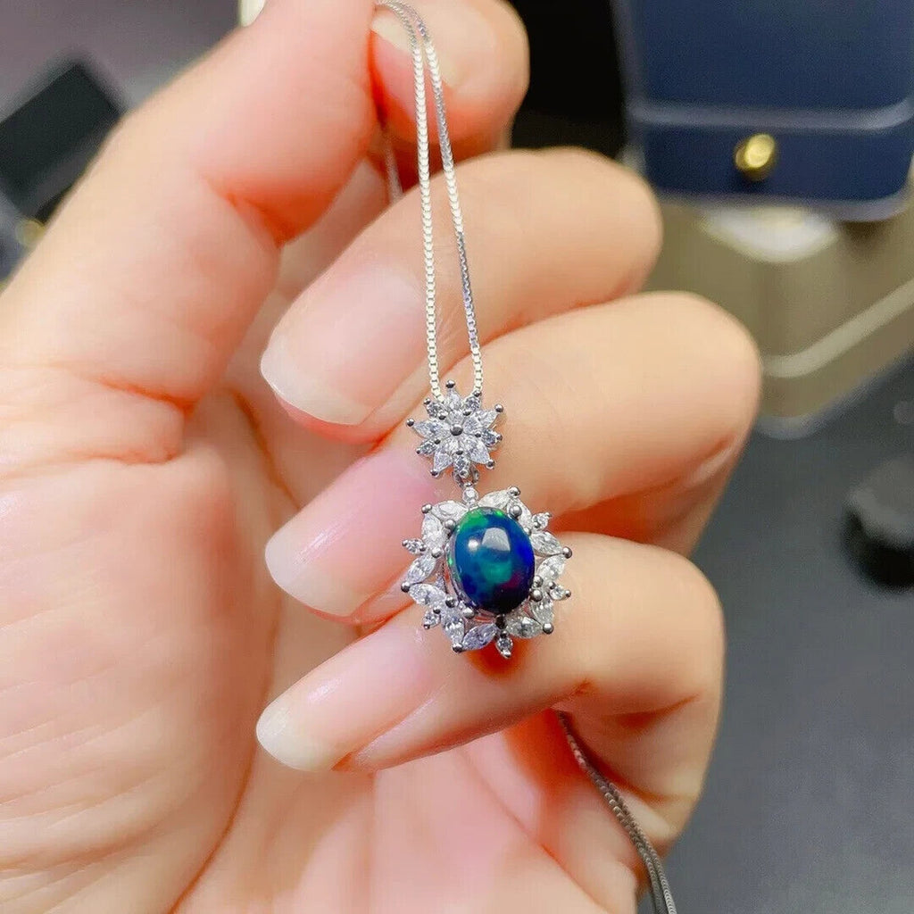 Natural Black Opal Jewelry Set 5x7mm, Women's Dainty Fire Opal Jewelry Set