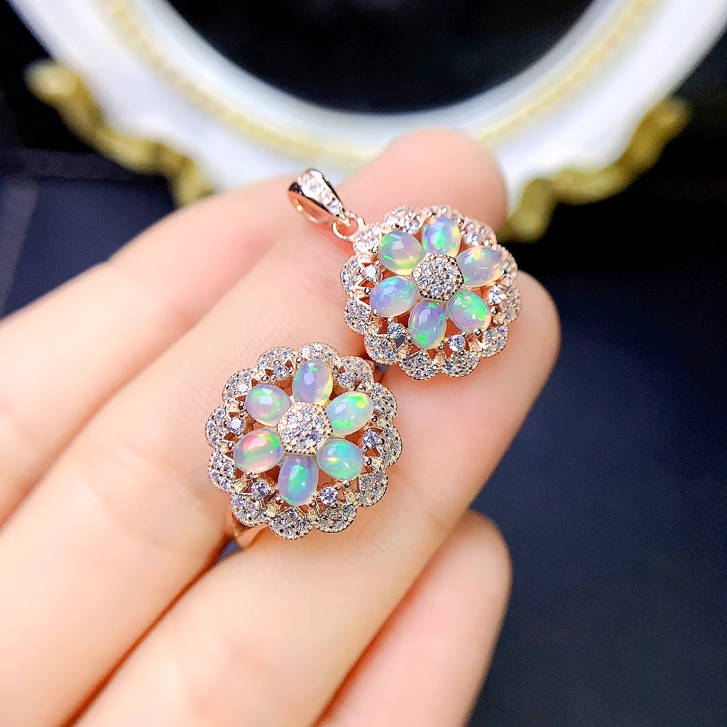 Fire Opal Cluster Pendant Necklace and Ring, Natural Opal Jewelry Set