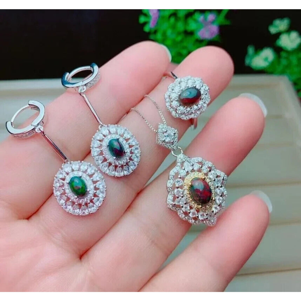 Natural Black Opal Jewelry Set, Black Opal Statement Necklace and Ring