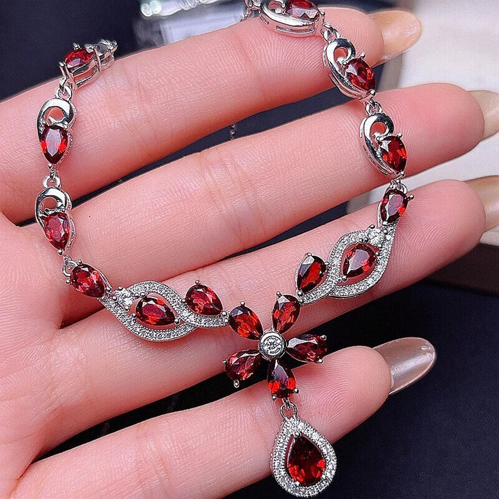 Red Garnet Flower Statement Necklace, Natural Garnet Gemstone Necklace