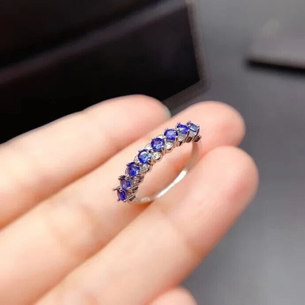 Natural Sapphire Band Ring, Genuine Blue Sapphire Band Ring Sterling Silver