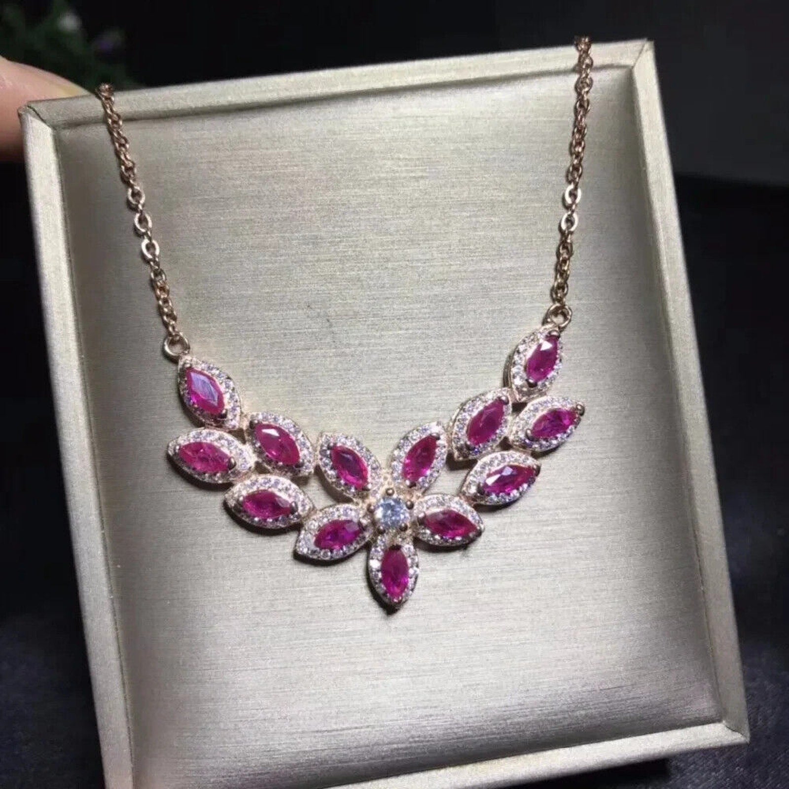 Natural Marquise Cut Ruby Necklace, Ruby Statement Necklace Sterling