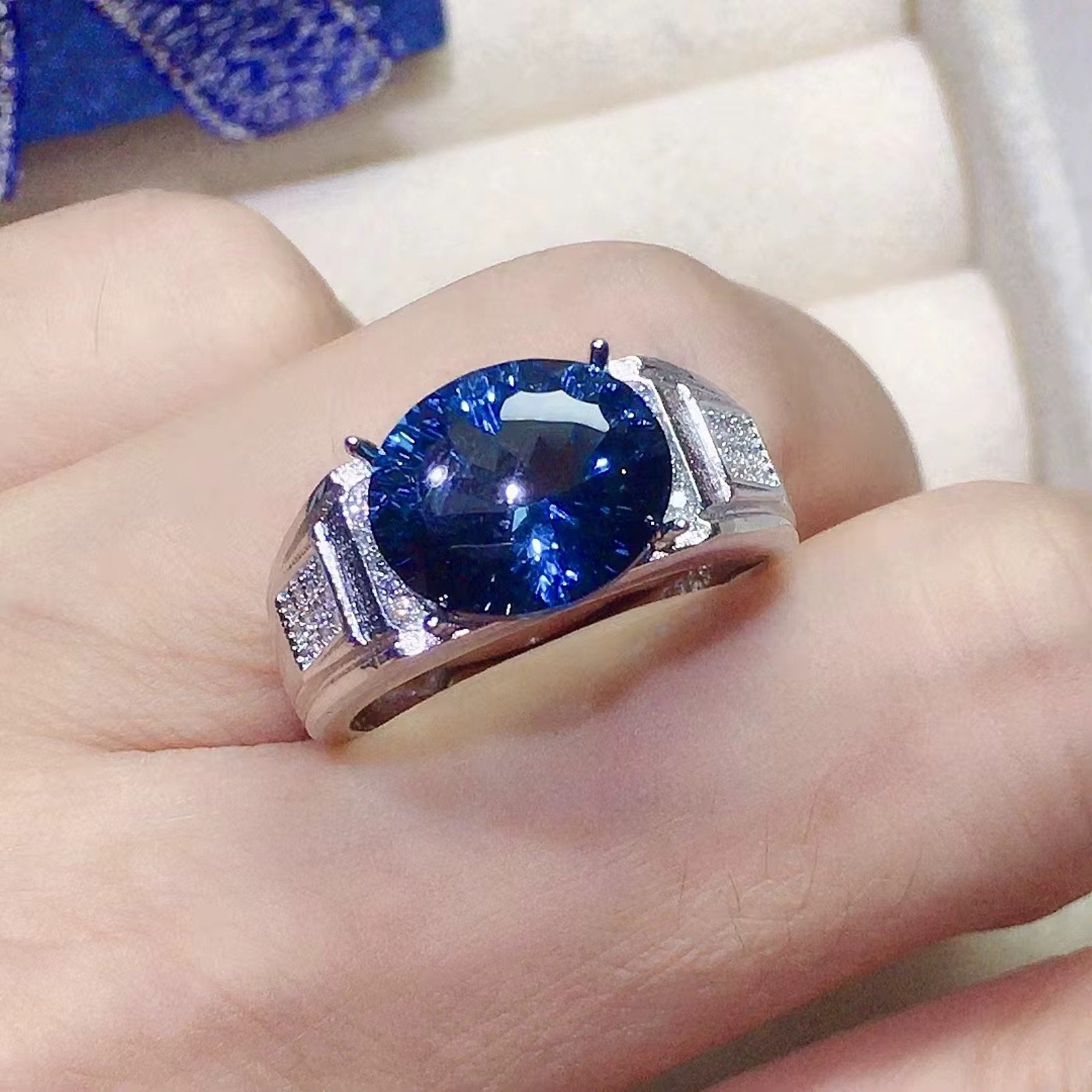 5CT Mens London Blue Topaz Ring 925 Sterling Silver VVS Grade 8x12mm