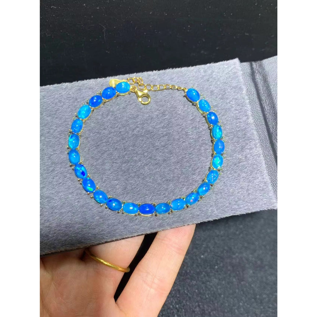 Blue Fire Opal Tennis Bracelet 4x6mm Sterling Silver, Blue Opal Bracelet