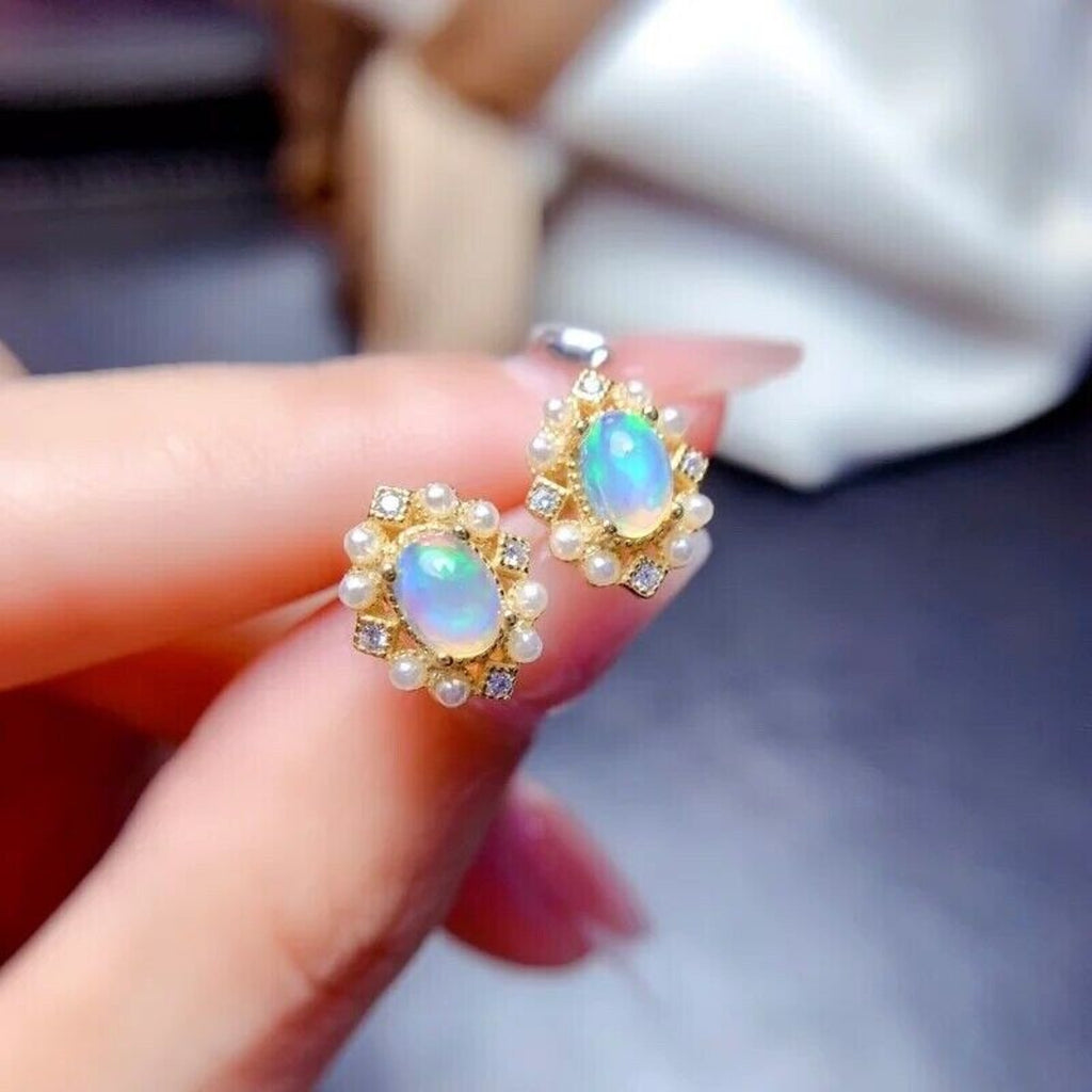 Stud Earrings Opal, Opal Gemstone Silver, Natural Opal Earrings 925 Sterling