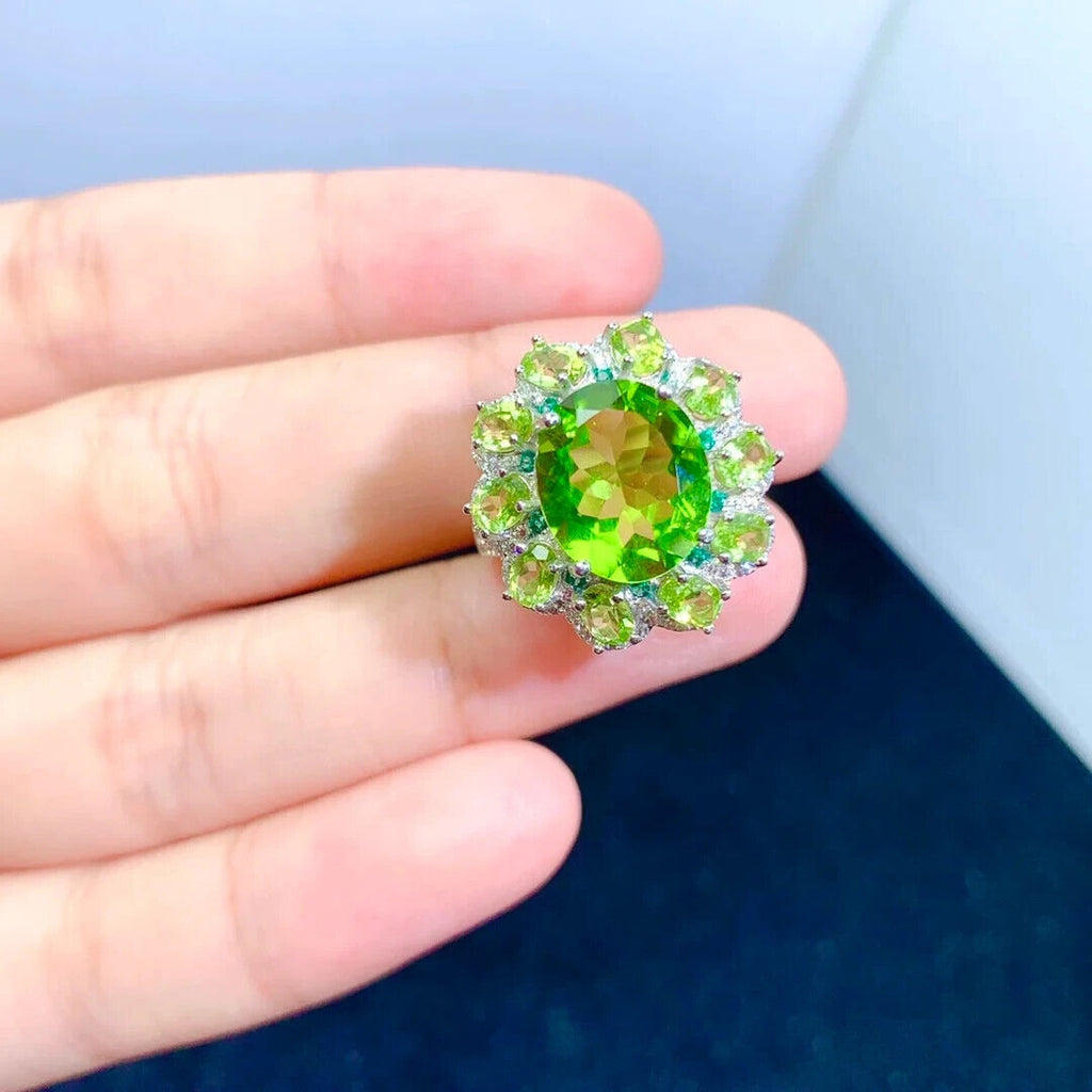 Natural Peridot Gemstone Ring 10x12mm, Large Peridot Cocktail Ring CZ