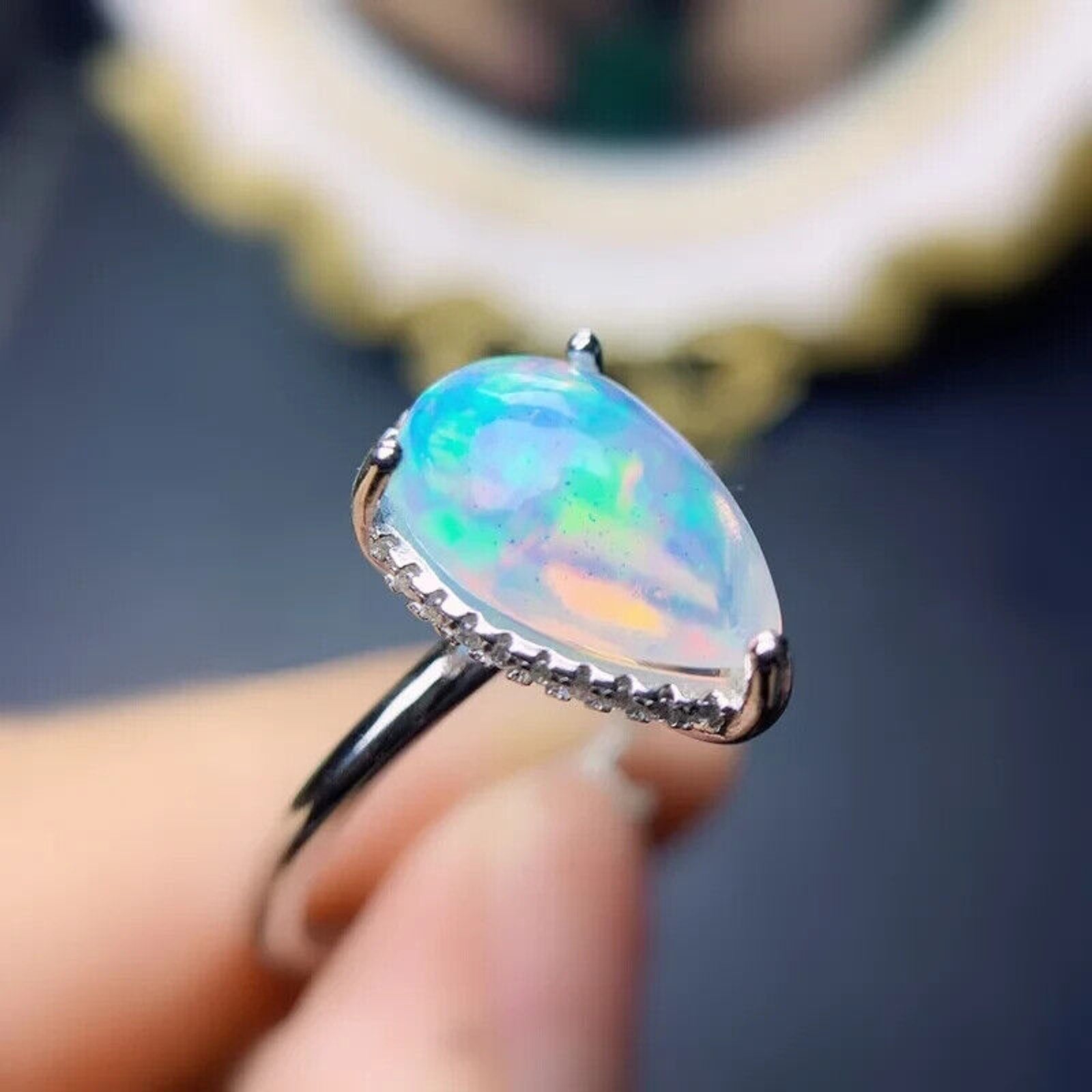 Pear Cut Fire Opal Gemstone Ring, Natural Fire Opal Statement Ring 8x12mm 1.4CT