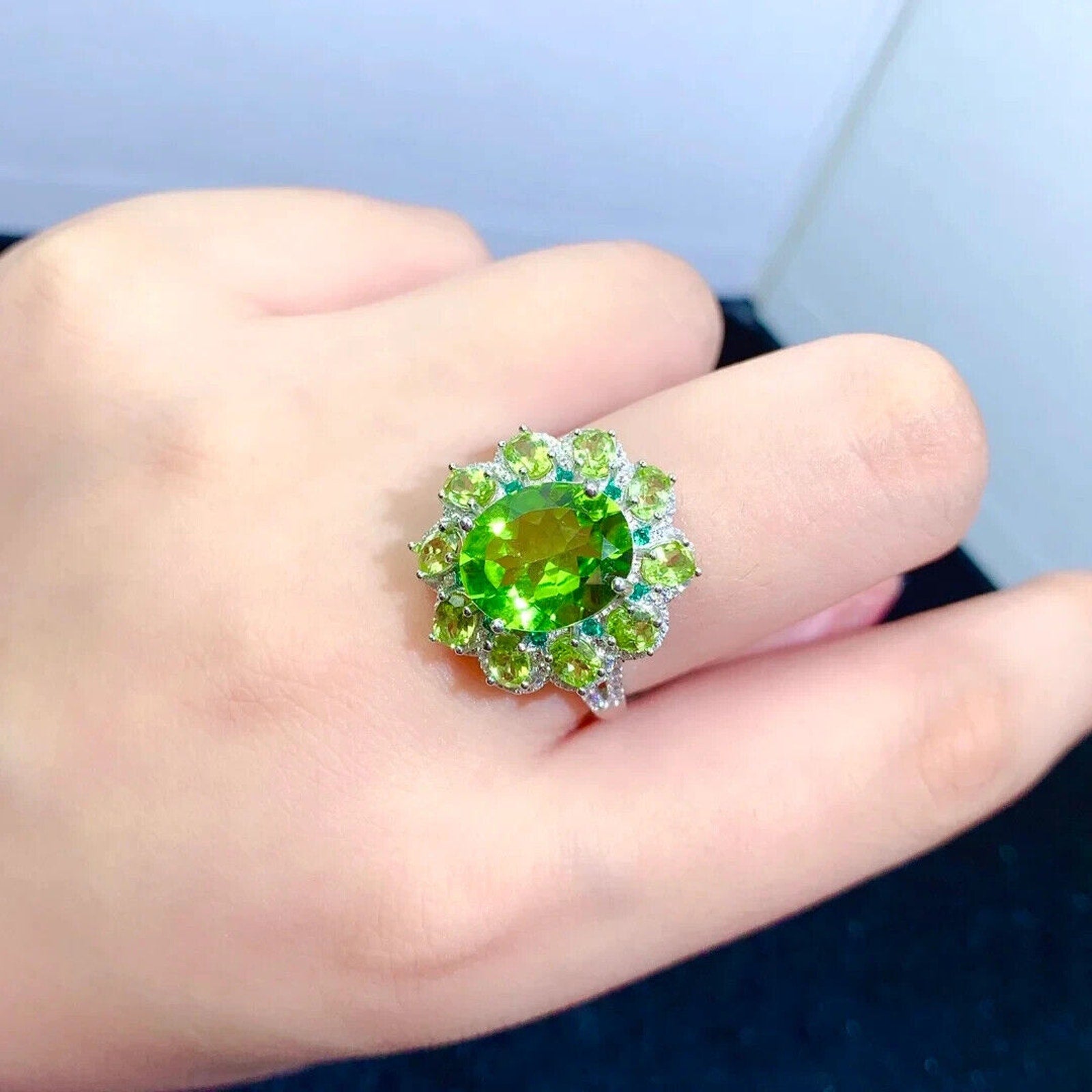 Natural Peridot Gemstone Ring 10x12mm, Large Peridot Cocktail Ring CZ