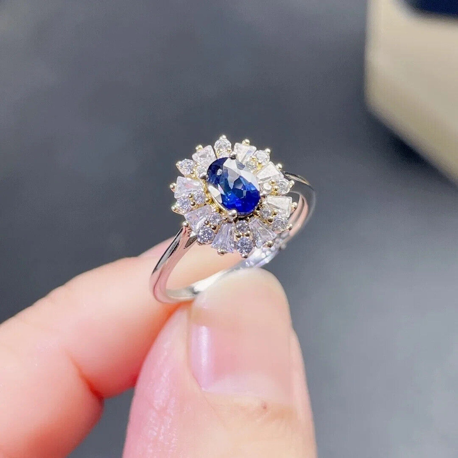 Natural Sapphire Cocktail Ring, Bright Blue Sapphire Ring 925 Sterling Silver