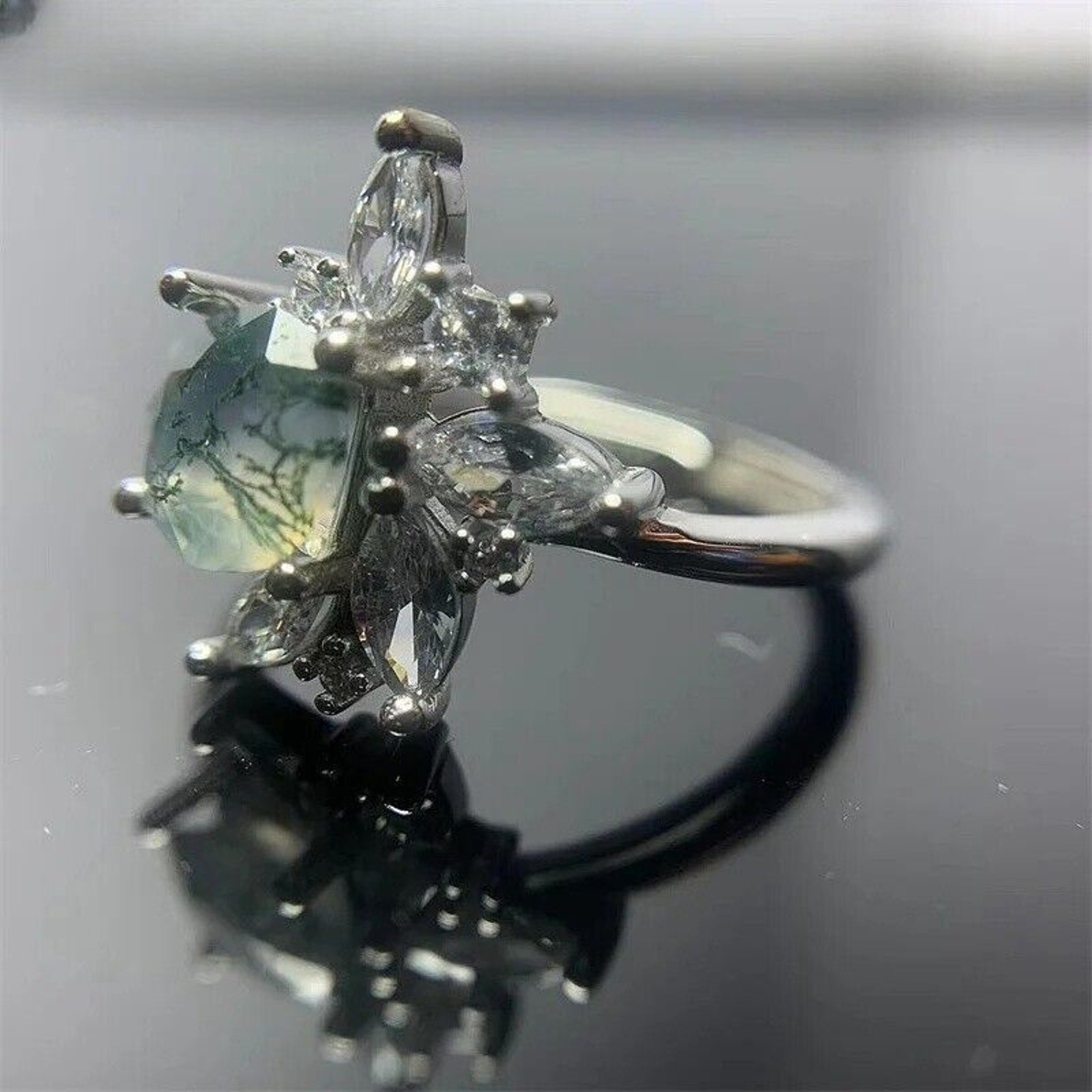 Moss Agate Cluster Ring, Natural Moss Agate Cocktail Ring, Green Moss Agate