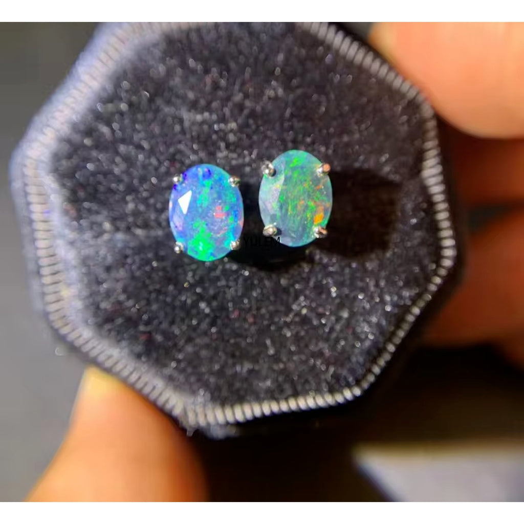 Faceted Black Fire Opal Stud Earrings 7x9mm, Natural Fire Opal Stud Earrings