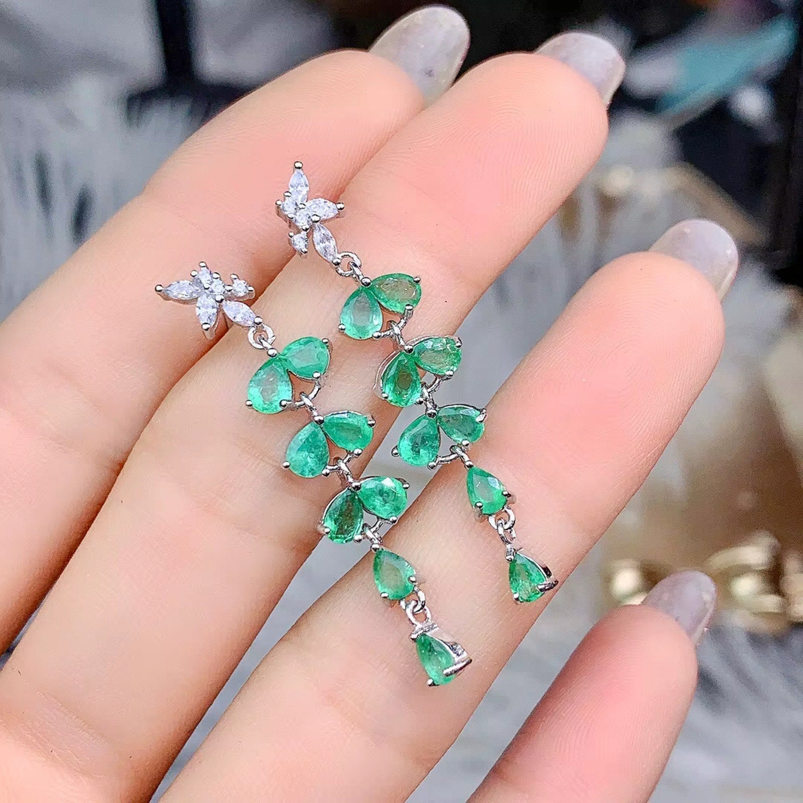 Natural Emerald Drop Dangle Earrings, Emerald Earrings 925 Sterling Silver