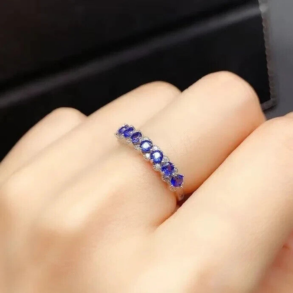 Natural Sapphire Band Ring, Genuine Blue Sapphire Band Ring Sterling Silver
