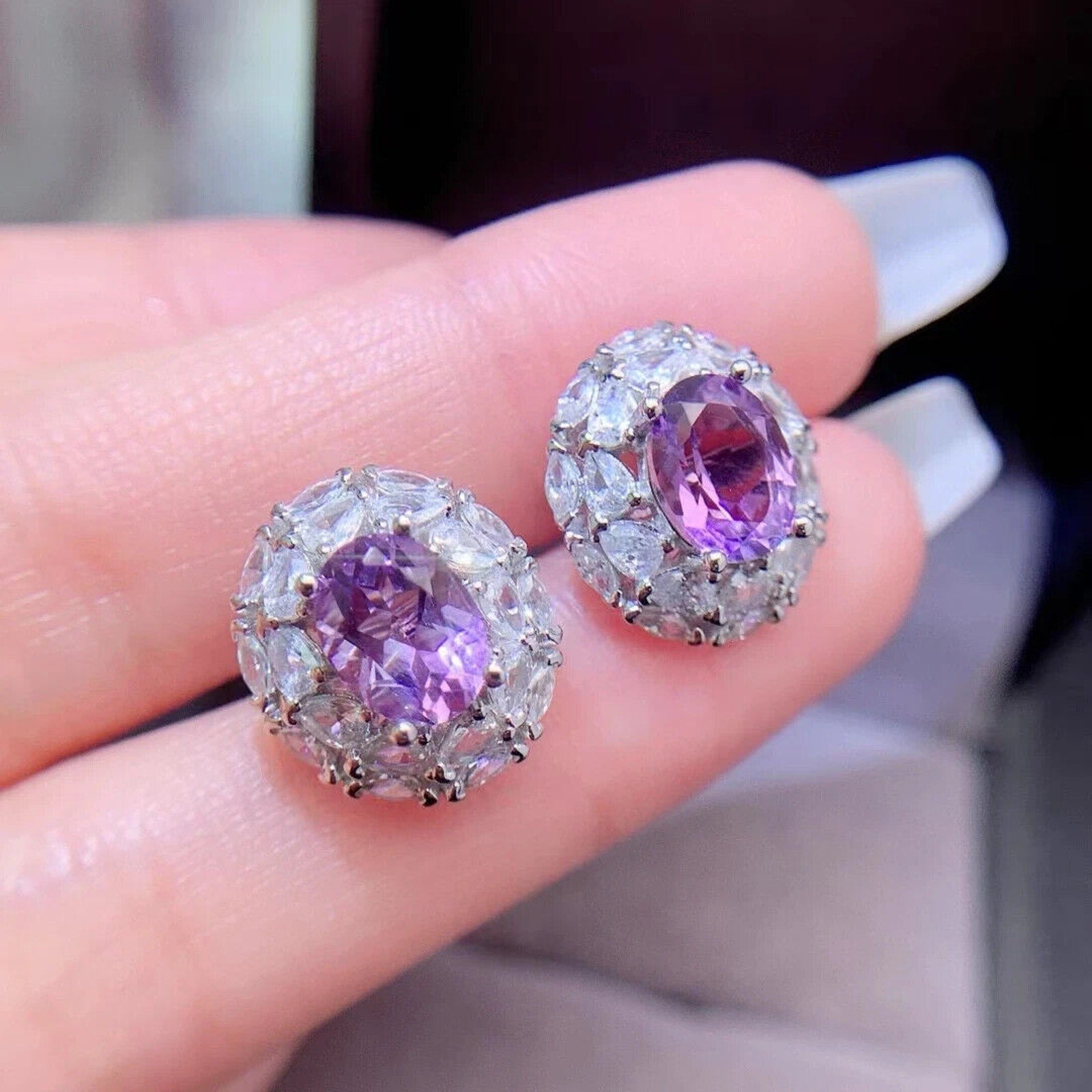 Amethyst Stud Earrings Oval Cut 6x8mm Platinum Plated, Purple Amethyst Earrings