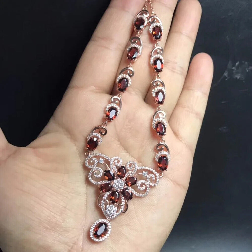 Red Garnet Flower Statement Necklace, Natural Garnet Gemstone Necklace 925