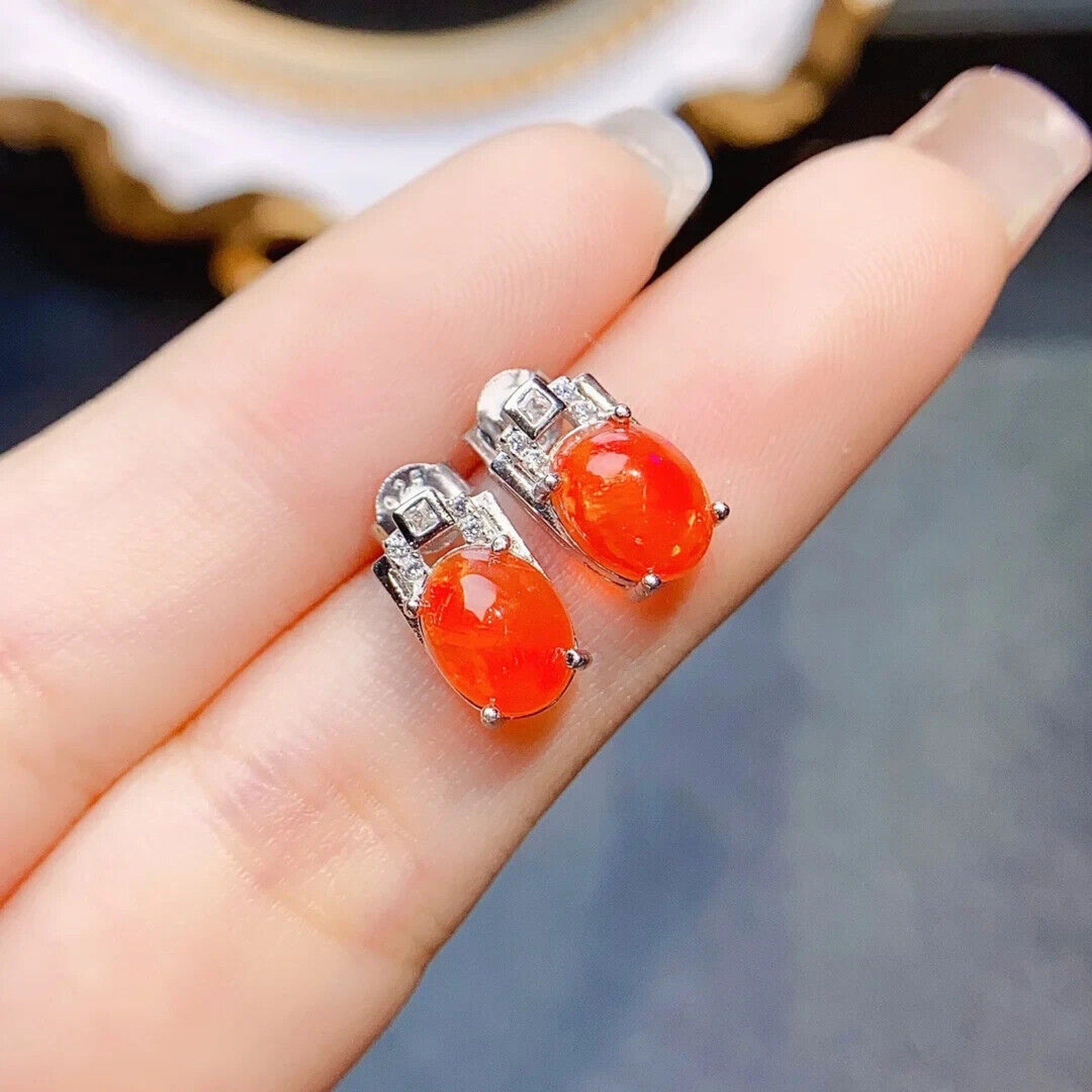 Orange Fire Opal Stud Earrings 6x8mm, Natural Orange Fire Opal Earrings