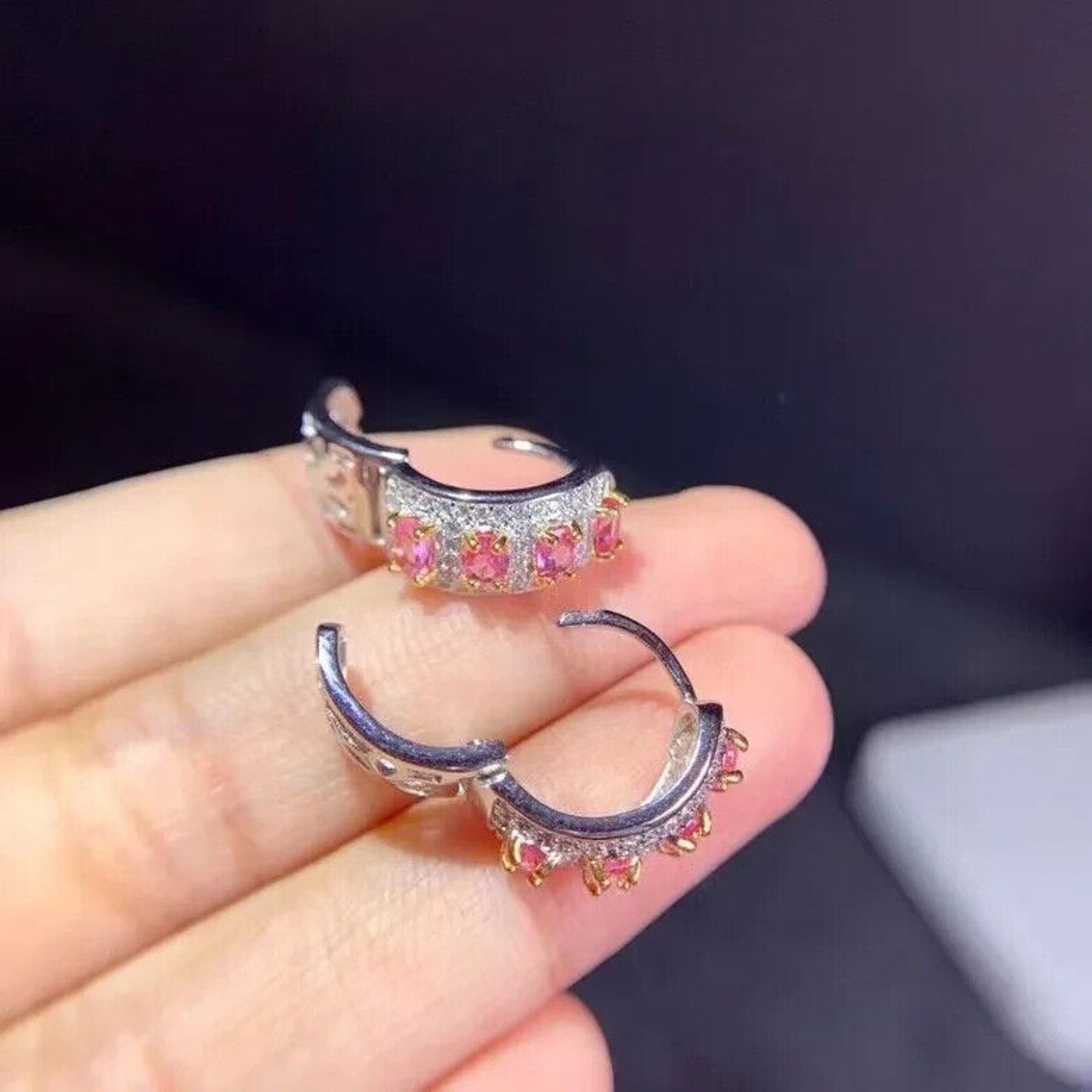 Natural Pink Topaz Sterling Silver Hoop Earrings, Pink Topaz Hoop Earrings