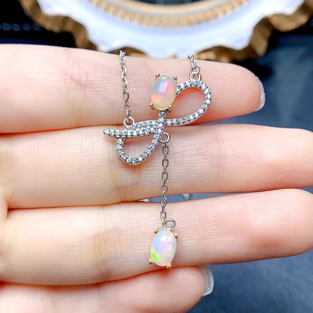 Fire Opal Charm Necklace, Natural Opal Pendant Necklace 925 Sterling Silver