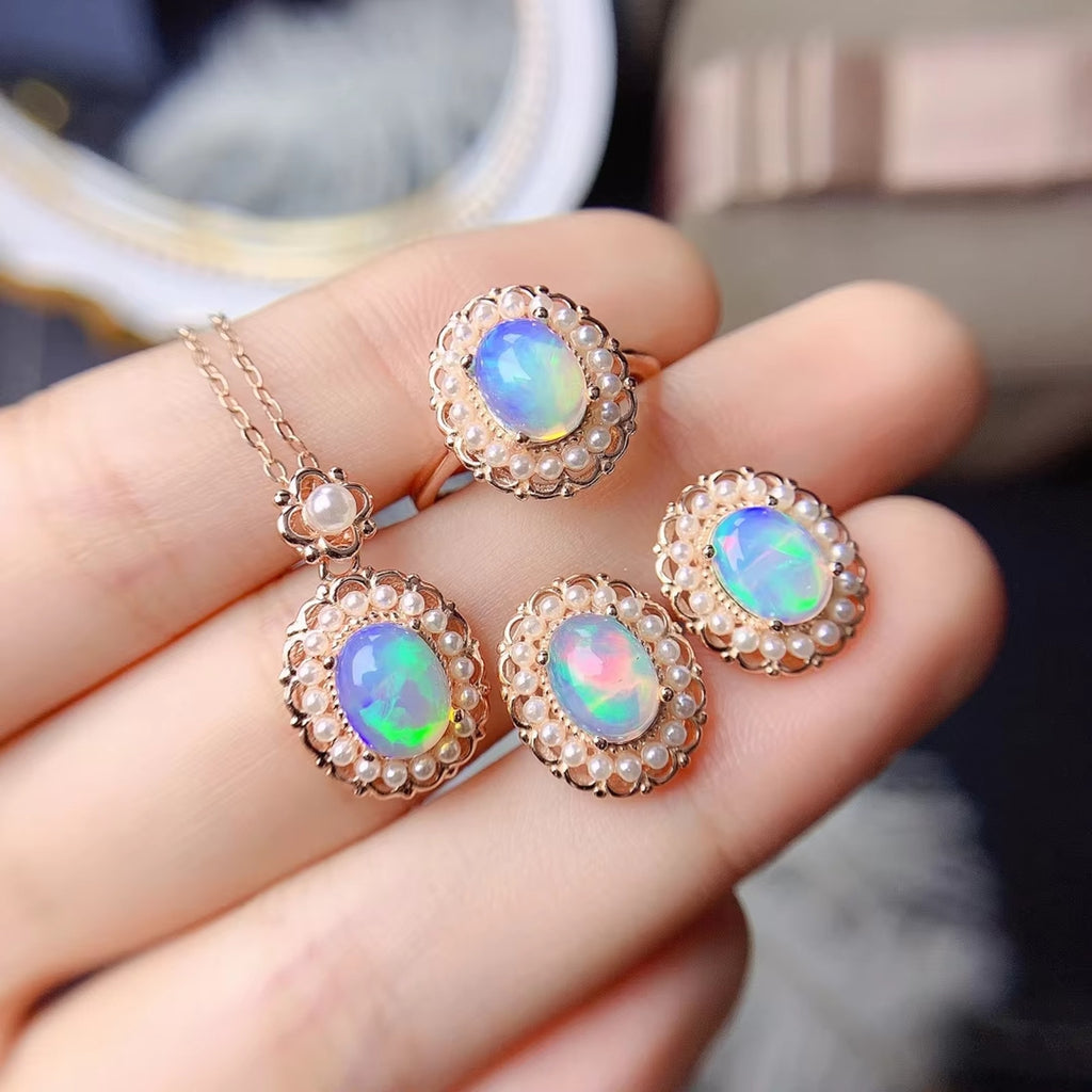 Fire Opal and Faux Pearl Jewelry Set, Natural Fire Opal Necklace and Ring