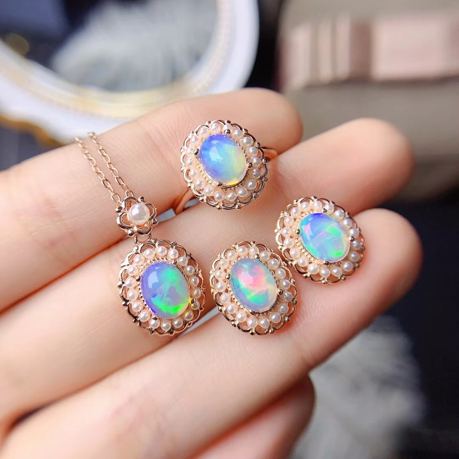 Fire Opal and Faux Pearl Jewelry Set, Natural Fire Opal Necklace and Ring