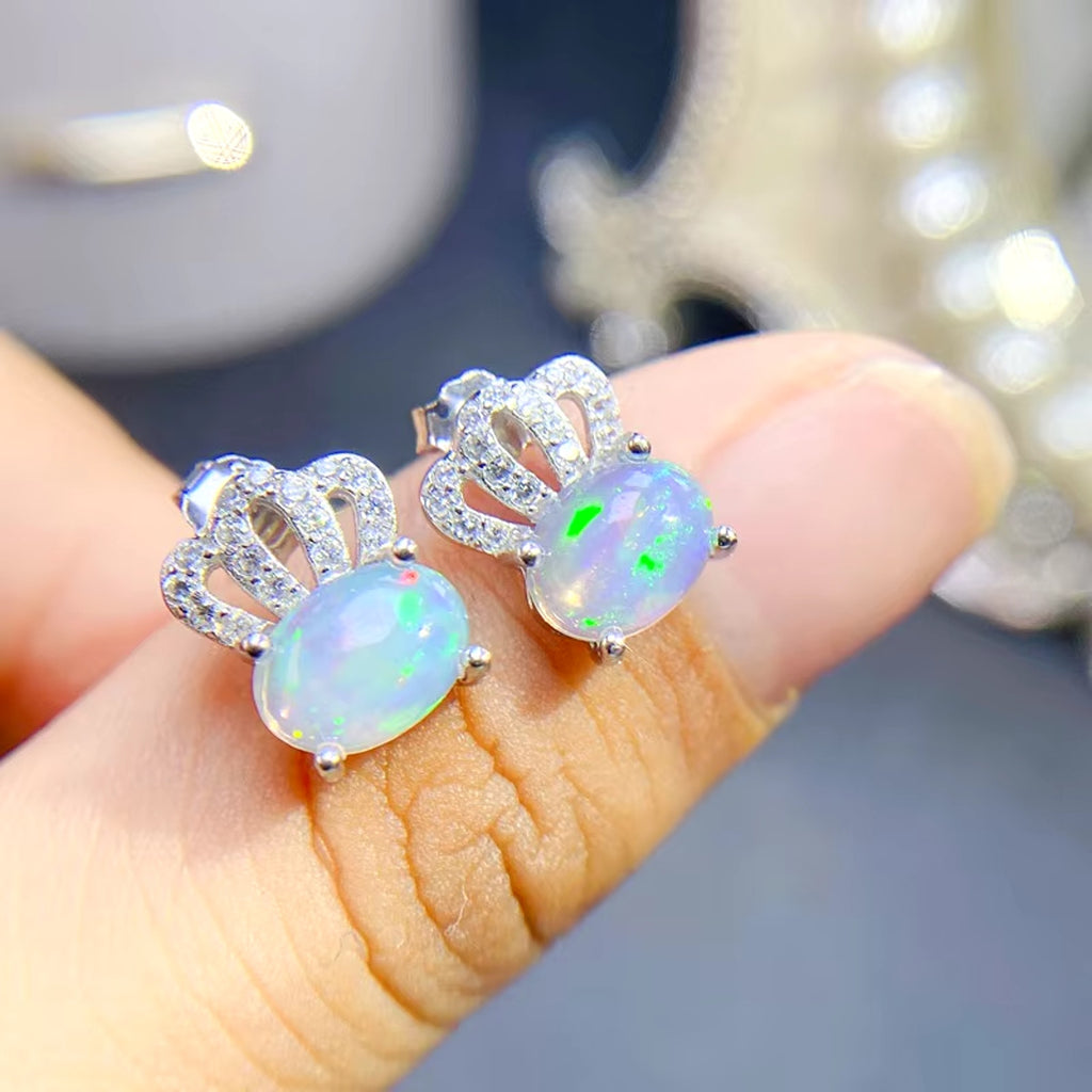 Natural Fire Opal Earrings, Fire Opal Crown Earrings 925 Sterling Silver 5x7mm