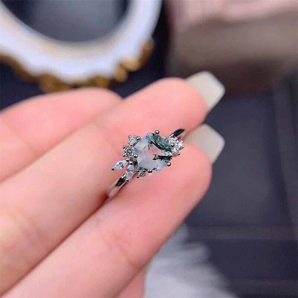 Moss Agate Gemstone Ring 925 Sterling Silver 6mm