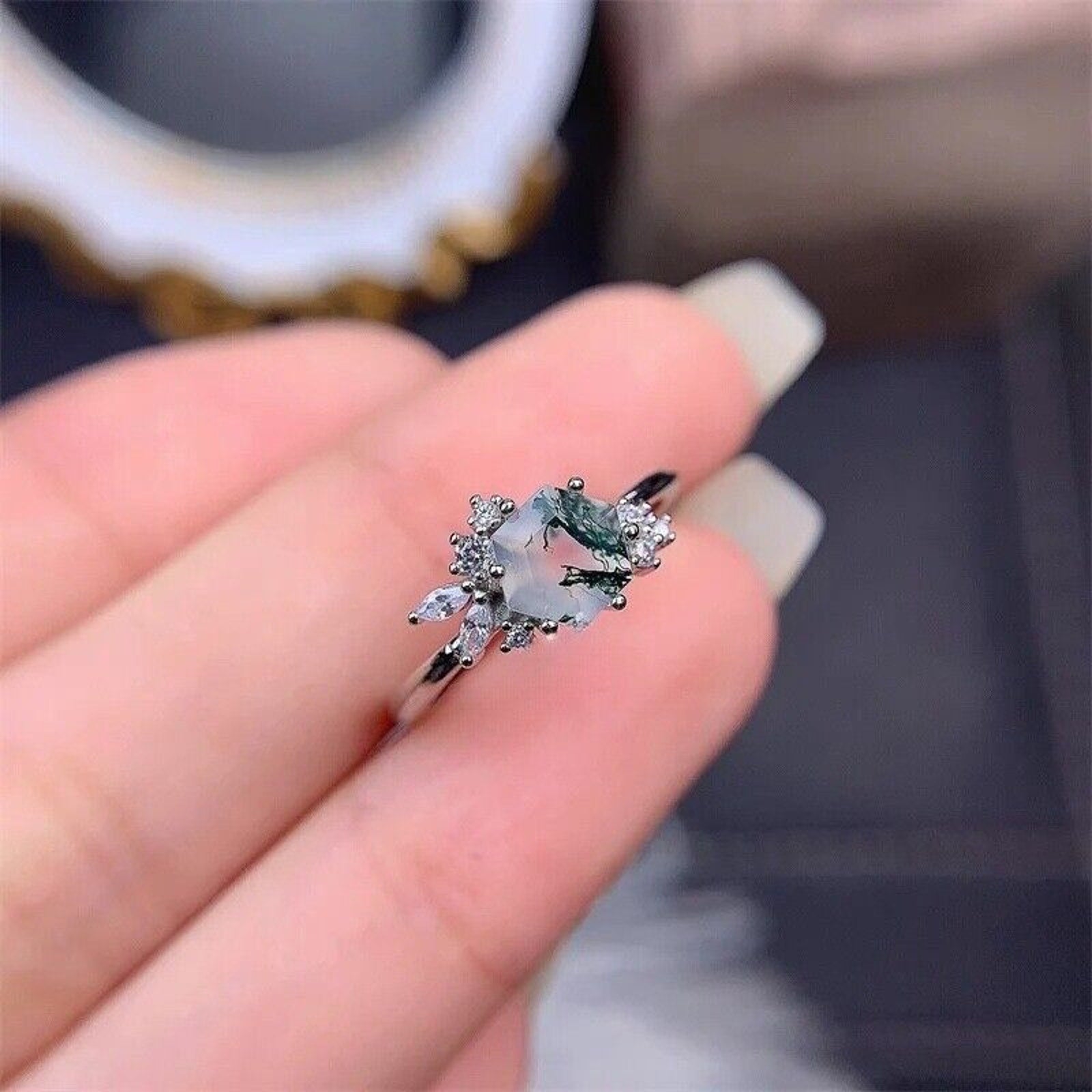 Moss Agate Gemstone Ring 925 Sterling Silver 6mm