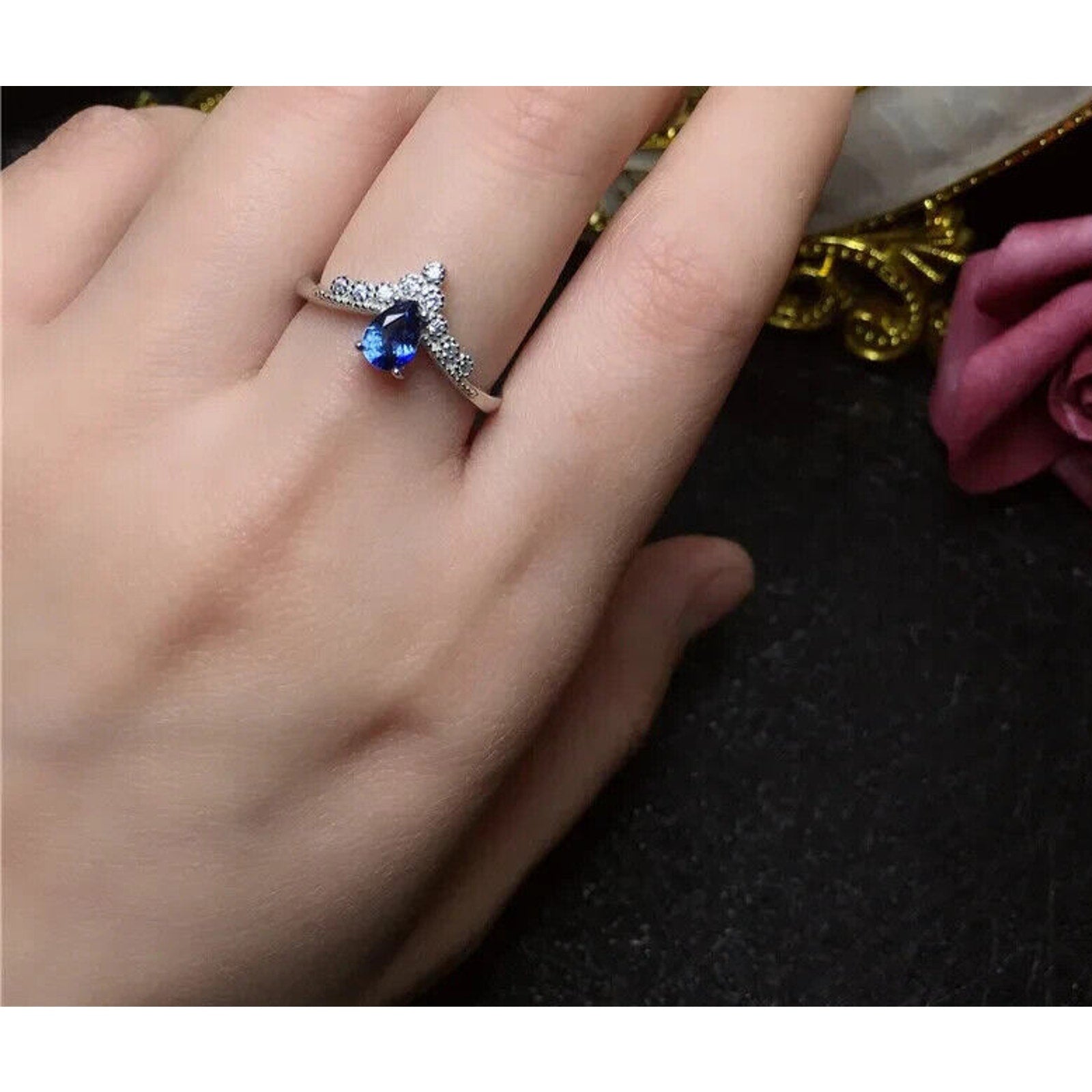 Dainty Sapphire Statement Ring 4x6mm Sterling Silver, Natural Sapphire Ring