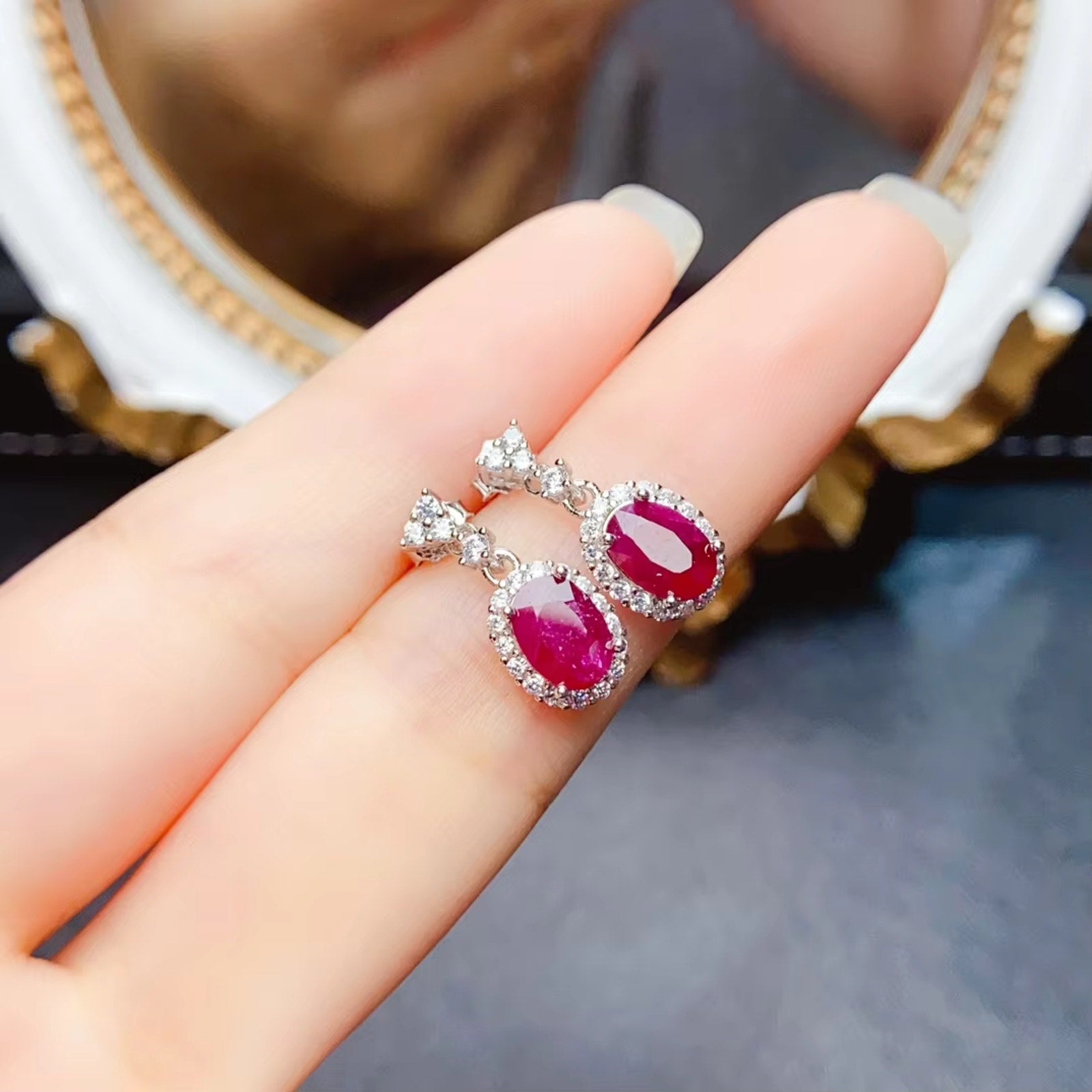 Natural Ruby Gemstone Earrings, Ruby Earrings 925 Sterling Silver 5x7mm