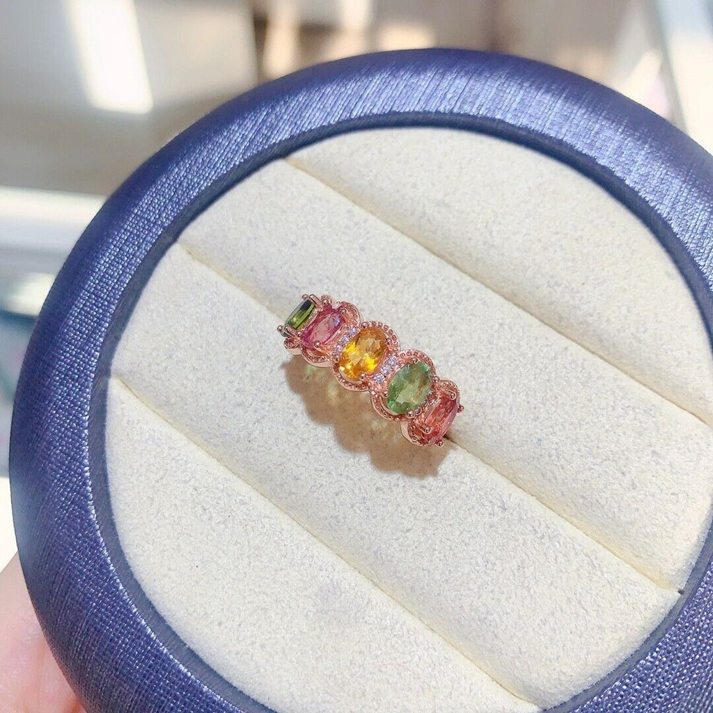 Natural Tourmaline Multicolor Band Ring, Tourmaline Gemstone Ring Silver
