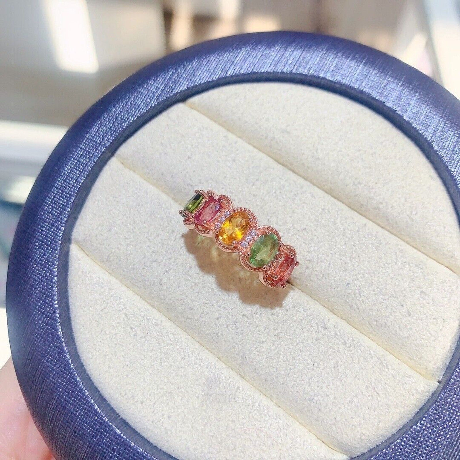 Natural Tourmaline Multicolor Band Ring, Tourmaline Gemstone Ring Silver