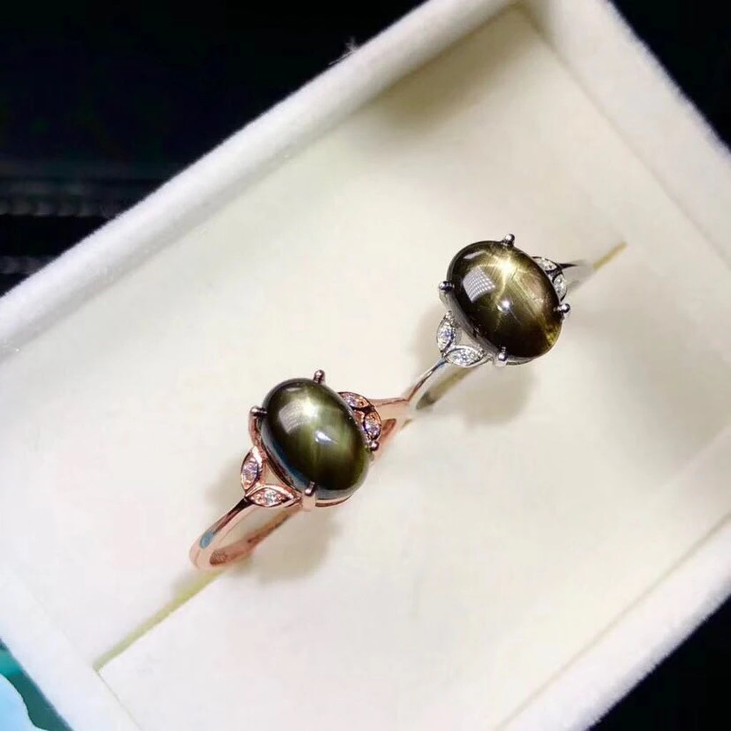 Natural Gray Star Sapphire Ring, 6x8mm Gray Star Sapphire Ring with Zirconia