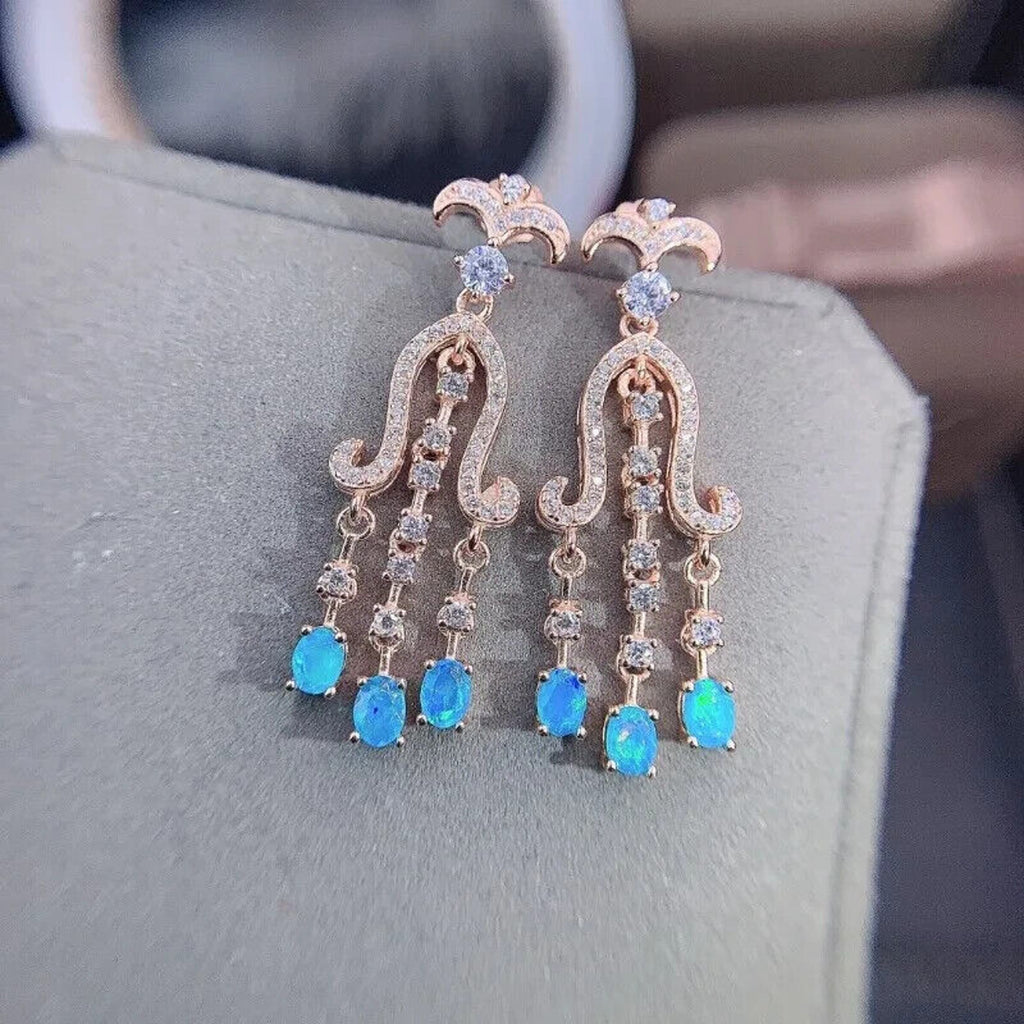 Blue Opal Chandelier Earrings 3x4mm 925 Sterling Silver